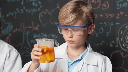 Child Scientist Holding Beaker with Bubbles and Smoke