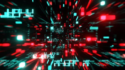 Digitaler Neonhintergrund mit Würfeln und Punkten, VJ Loop in 4K, Rot und Türkis