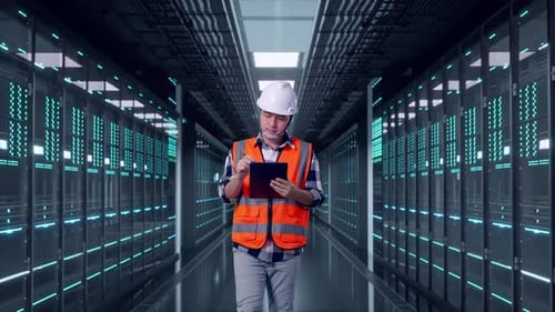 Asian Male Taking Note on Tablet While Walking in Data Center