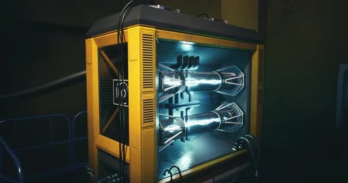 Generador de energía futurista iluminado en un entorno industrial con poca luz