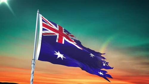 Realistic Waving Australian Flag on Pole with Sunset Sky