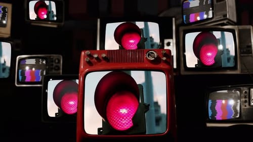 Vintage Televisions Display Red Traffic Light Signal