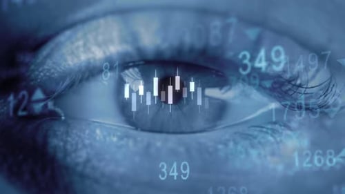 Close Up of Human Eye with Candlestick Chart Reflection Trader Vision of Financial Market Forex and