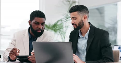 Teamwork, laptop and business people in office for advice, project management