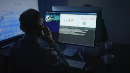 Dedicated and Focused Professional Expertly Analyzing Complex Data on Dual Monitors for Insights