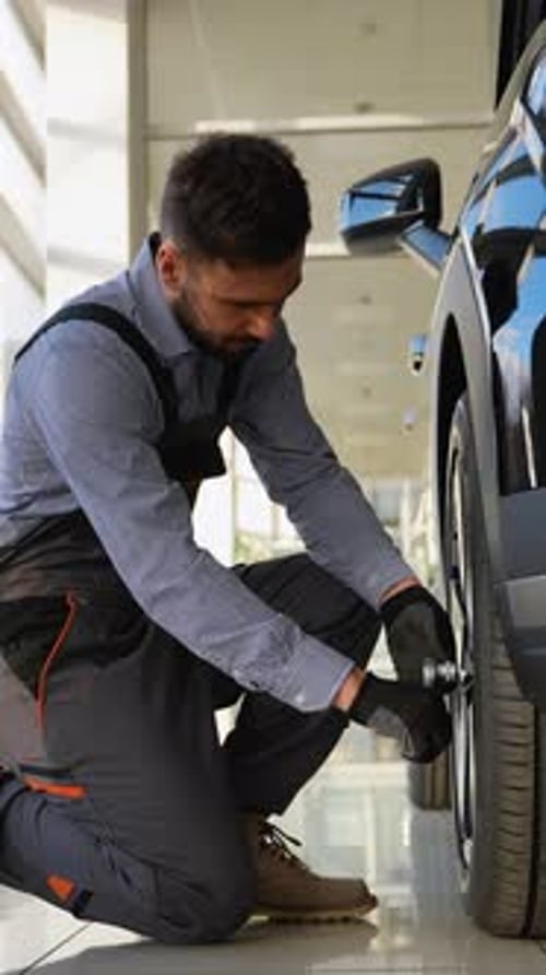 Automechaniker zieht das Autorad in einer modernen Werkstatt fest