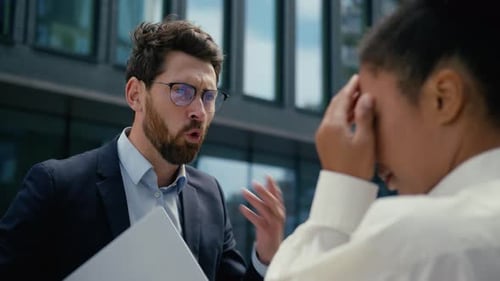 Multiracial Business People Stressed in City Arguing Caucasian Businessman African Businesswoman