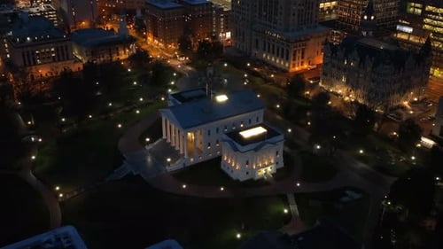 Virginia state capitol building at night. High aerial shot of ornate government building with lights