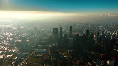 Hazy panorama of Los Angeles, California, USA. Aerial view on the skyscrapers in the city downtown