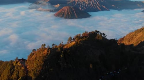 Aerial view of Bromo volcano at sunrise, Indonesia.