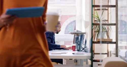 Digital agency, startup or business woman with tablet for app update, creative planning