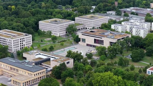 Aerial Perspective of Modern Westend Campus of Goethe University in Frankfurt Germany Lush Green