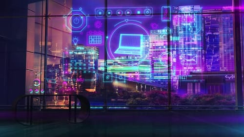 Futuristic Holographic Office UI with Night City View