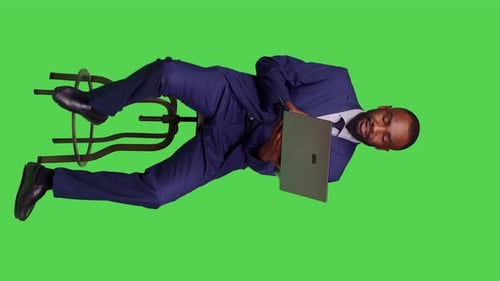 Vertical Video Front View of Startup Worker Attending Videocall Business Meeting