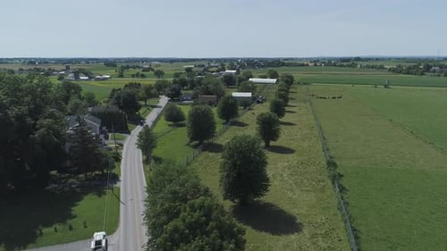 Aerial View of an Amish Horse and Buggy Riding along the Road on the Countryside