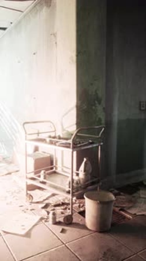 Old Hospital Hallway with Abandoned Medical Cart and Scattered Debris