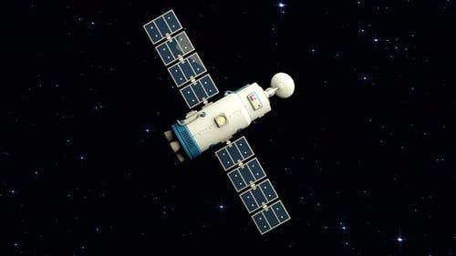Satellite with rotating antenna flying in space. Space station in orbit.