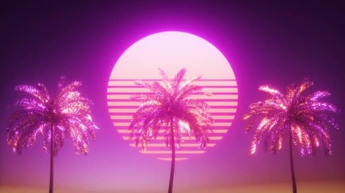 Neon Glowing Palm Trees And Sun Synthwave Background Loop