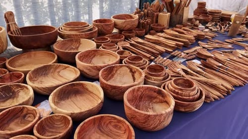 Handmade Wooden Bowls and Utensils Displayed