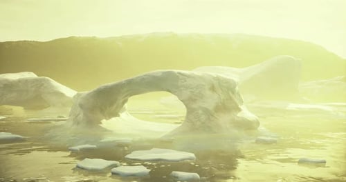 Ice Arch Formation in Calm Waters During Sunset in an Arctic Landscape