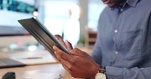 Tablet, business and hands of black man in office for web design ideas, browse website
