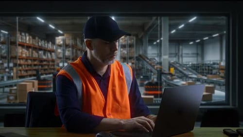 Stock Control Technician Meticulously Managing Inventory Data With Concentrated And Professional