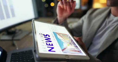 Night, hands or businessman on tablet for breaking news, investment graphs, economy inflation
