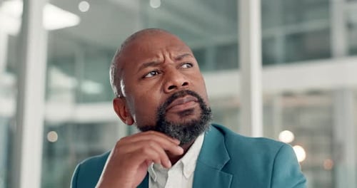 Thinking, business and black man in office with idea for investment strategy, solution and planning