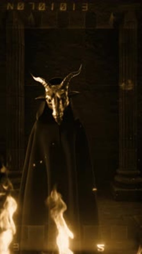 Vintage Film Style Hooded Goat Masked Figures In A Secret Temple