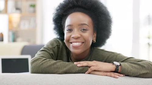 Smiling Young Adult Woman Portrait Relaxing at Home