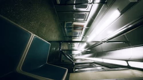 Vertikaler leerer U-Bahn-Zug aus Metall im städtischen Chicago