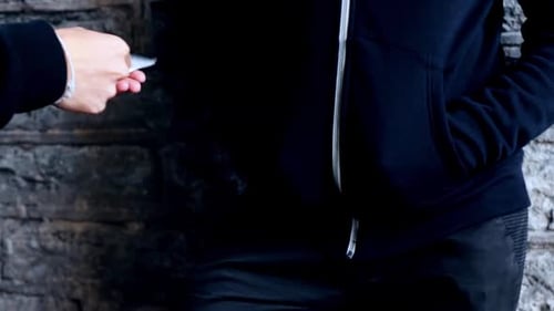 Drug Trafficking, Crime, Addiction And Sale Concept - Addict Buying Dose From Dealer On Street