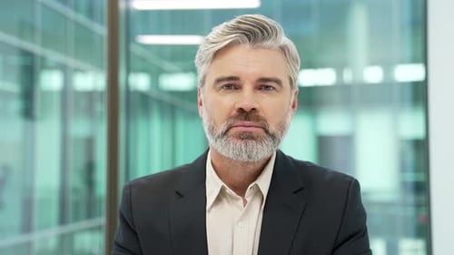 Webcam view. Mature bearded businessman watching video call conference looking into the camera sit