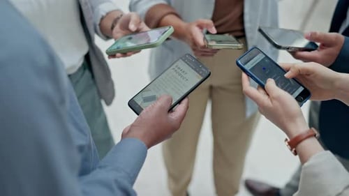 Business people, phone and hands in circle for networking, social media