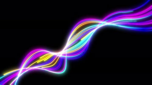 Black abstract background with colorful wavy glowing neon lights
