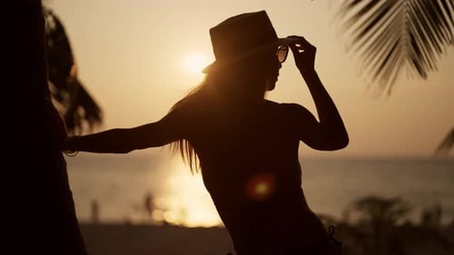 Woman Relaxes on Tropical Island Beach Close Up Woman in Bikini Admire View Under Palm Tree on Sand