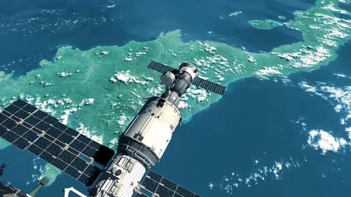 Space station orbiting Earth with solar panels