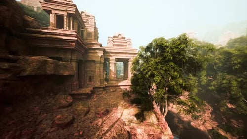 Ancient Stone Temple Situated on Rugged Mountain Edge with Scenic View