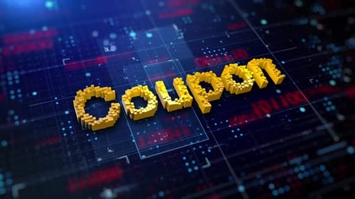 Digital Coupon Voxel Text on Futuristic Grid Background