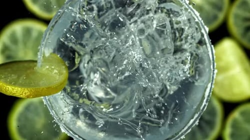 Ice Falls Into a Margarita Cocktail Filmed on a Highspeed Camera at 1000 Fps