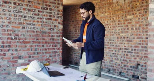 Tablet, inspection or man with laptop at construction site, maintenance planning