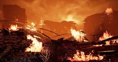 Broken military equipment on the background of the ruins