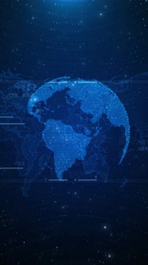 Mapa terrestre 3D, visualización de macrodatos de partículas de matrices. Ciberespacio. análisis. Ciencia de redes de Internet