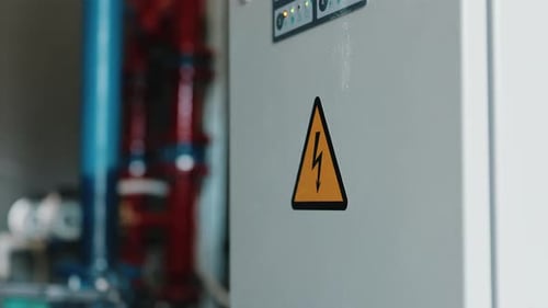 Elektrischer Schaltschrank mit Hochspannungswarnschild in Nahaufnahme