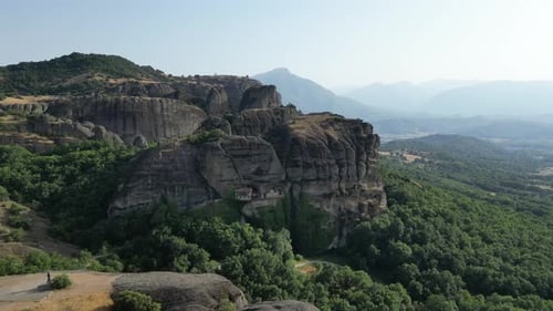 Aerial of Landscape with Monasteries and Rock Formations in Meteora, Greece