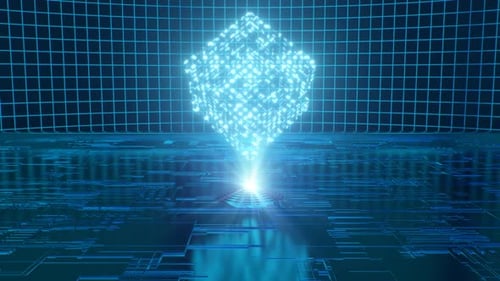 Digital Data Cube Sci-Fi Light Hologram Technology Blockchain Concept