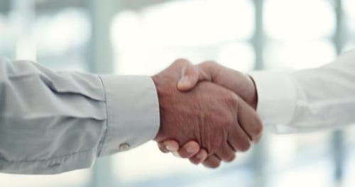 Business men, office and shaking hands for success, HR partnership and collaboration