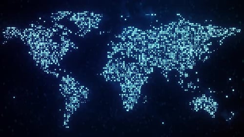 Concept of world map animation on digital artificial intelligence cyberspace network background.