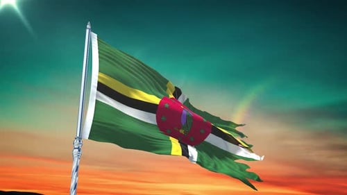 Dominica National Flag Waving in Realistic Wind Against Sunset Sky