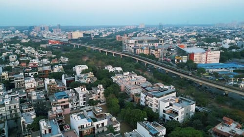 Arial 4k 60fps of Indian City, Delhi metro, Gurgaon, village and city mix